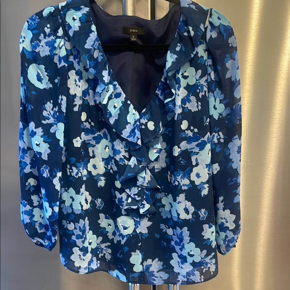 J. Crew Blue Floral Bib Collar Blouse